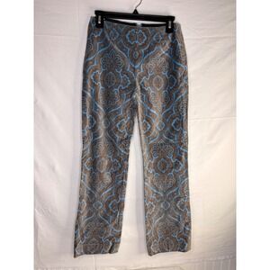 y2k Etcetera Blue Brown Damask Paisley Straight Leg Pants Side Zip Size 2